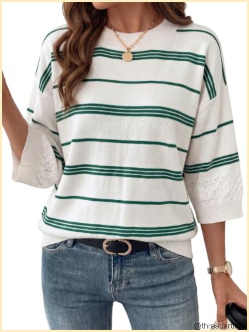 Womens 100% Cotton Oversized Striped 3/4 Sleeve Crew Neck Sweater Pullover